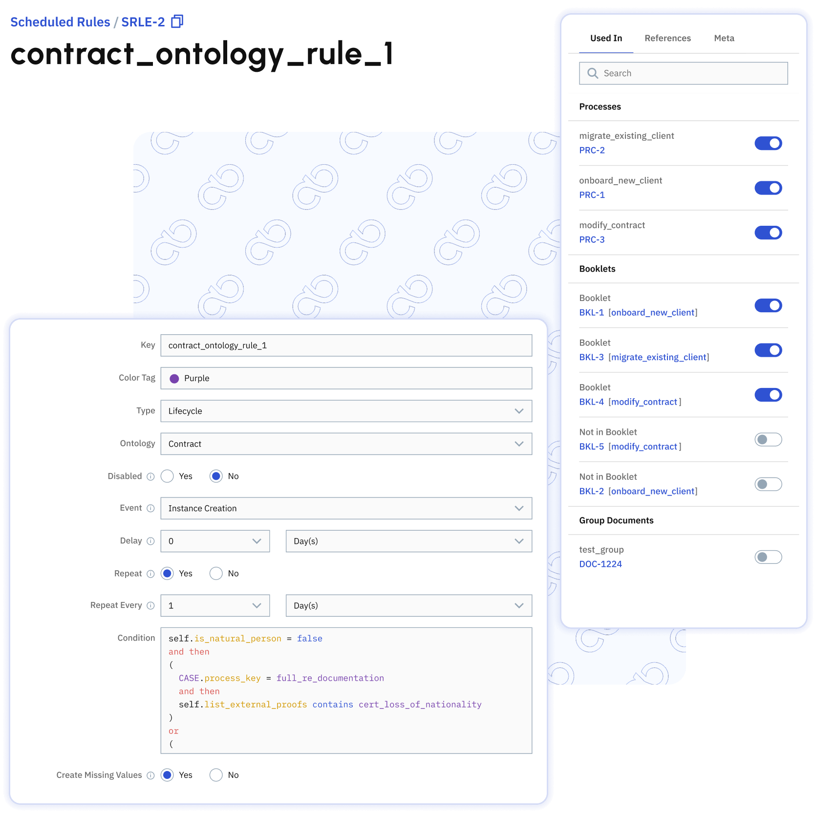 Rules and configuration view showing governed credit
policy logic and lifecycle processes