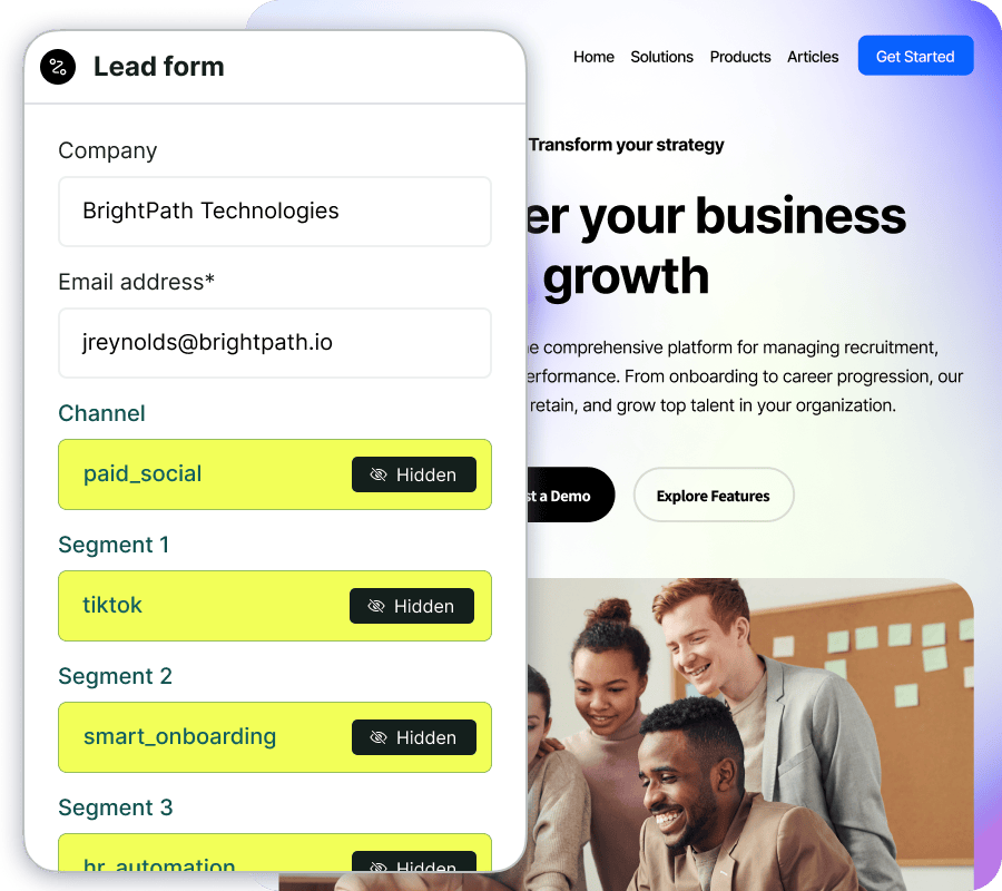 A lead form showing marketing attribution fields captured by Madlitics, including Channel, Segment 1 (TikTok), and Segment 2 (Smart Onboarding). Background features a business growth website, emphasizing the value of attribution tracking.