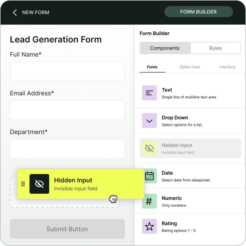 Screenshot of a form builder interface with a highlighted 'Hidden Input' field. Accompanied by text explaining how to install and set up Madlitics by adding hidden fields to capture marketing attribution data.