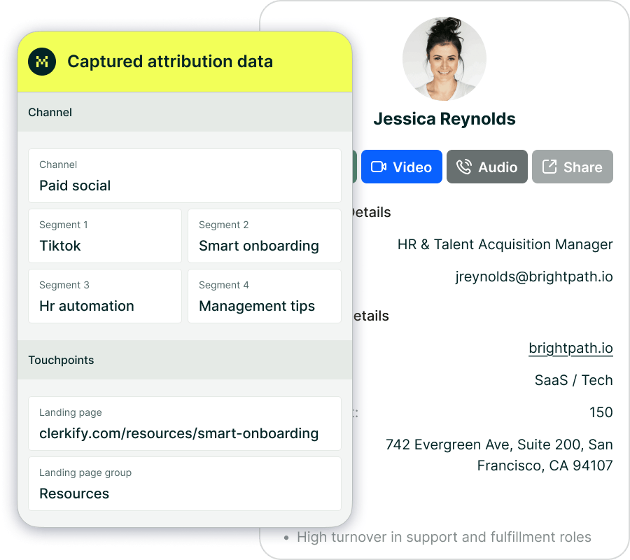 CRM interface showing a detailed view of captured attribution data, including marketing channels, segments, and landing pages. A business profile of a lead is displayed, highlighting how Madlitics enriches lead data for sales and marketing teams.