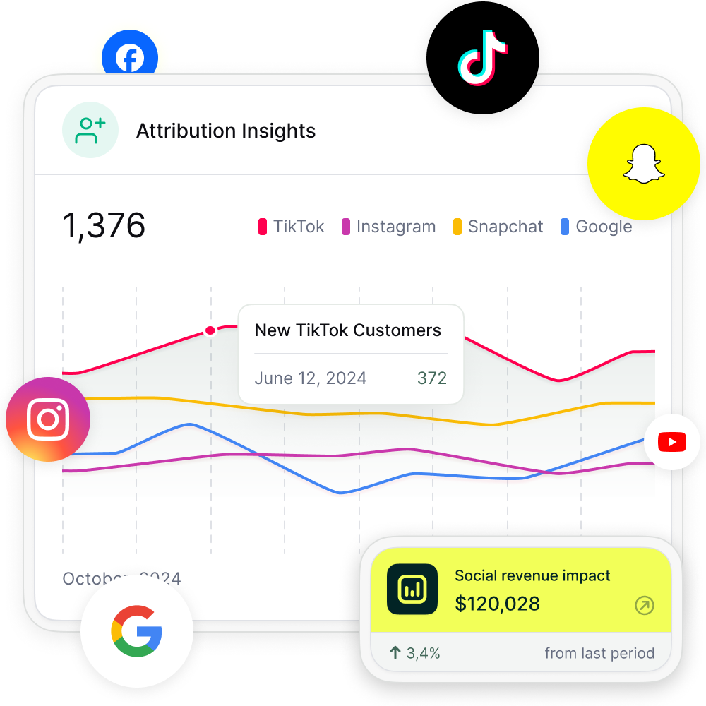 Graph showing new customer growth from TikTok, Instagram, Snapchat, and Google over time, with social media icons surrounding the chart and a callout for social revenue impact.