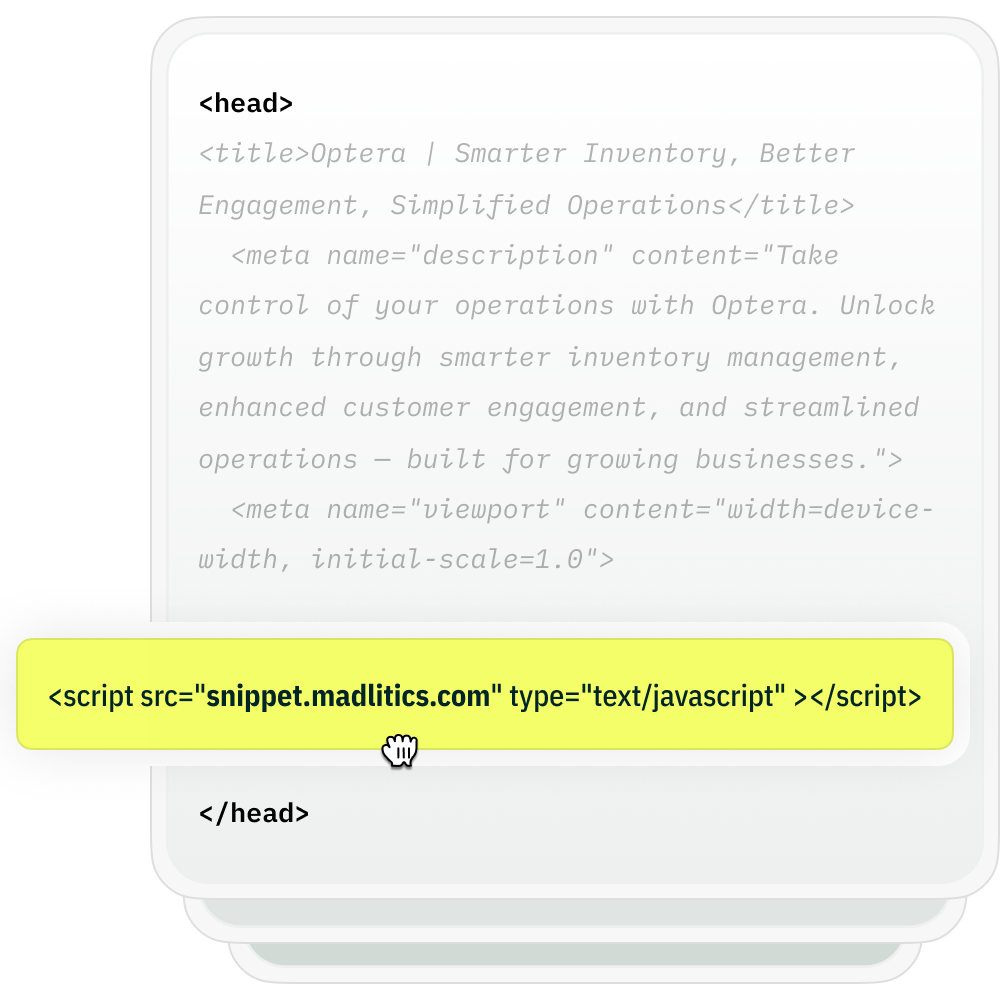 Illustration showing where to install the Madlitics script snippet in a website’s <head> section.