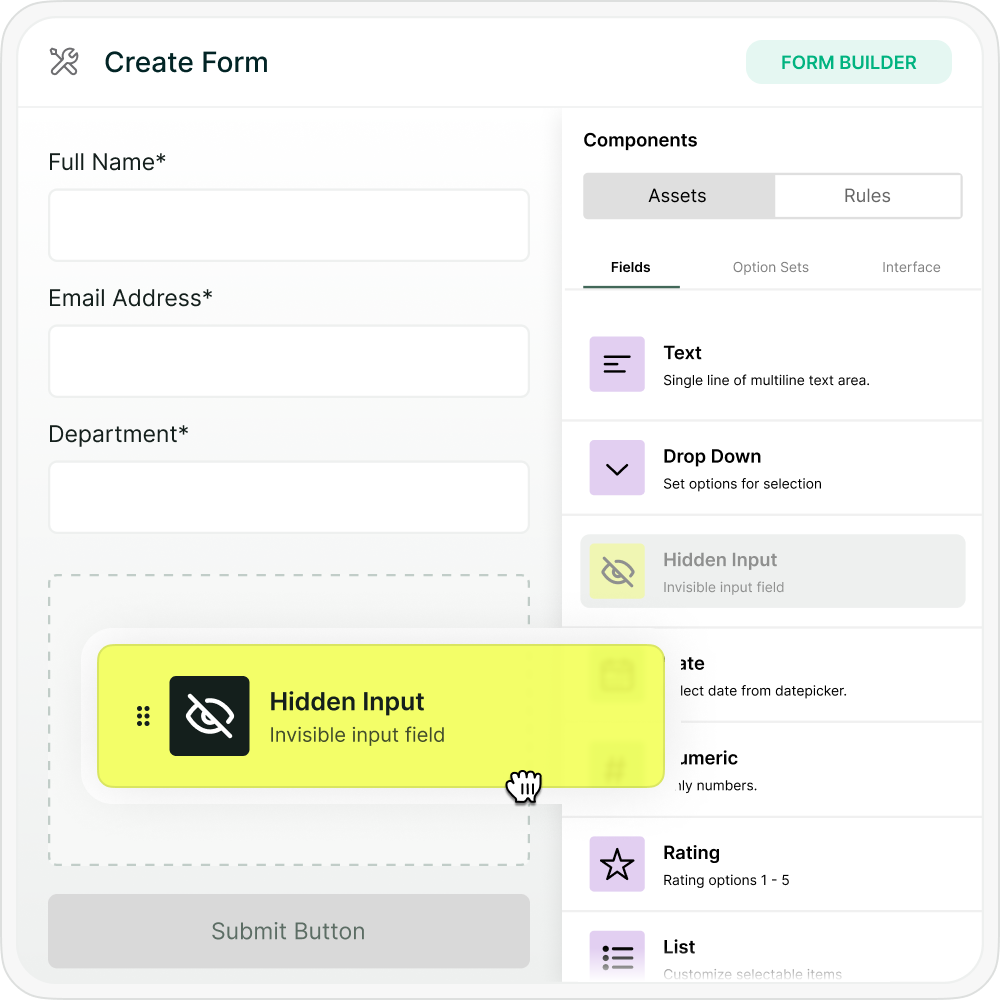 Form builder interface highlighting the addition of a hidden input field for Madlitics attribution.