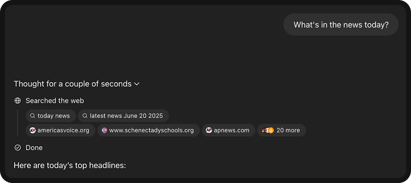 Screenshot of ChatGPT with a user asking it for today's news.