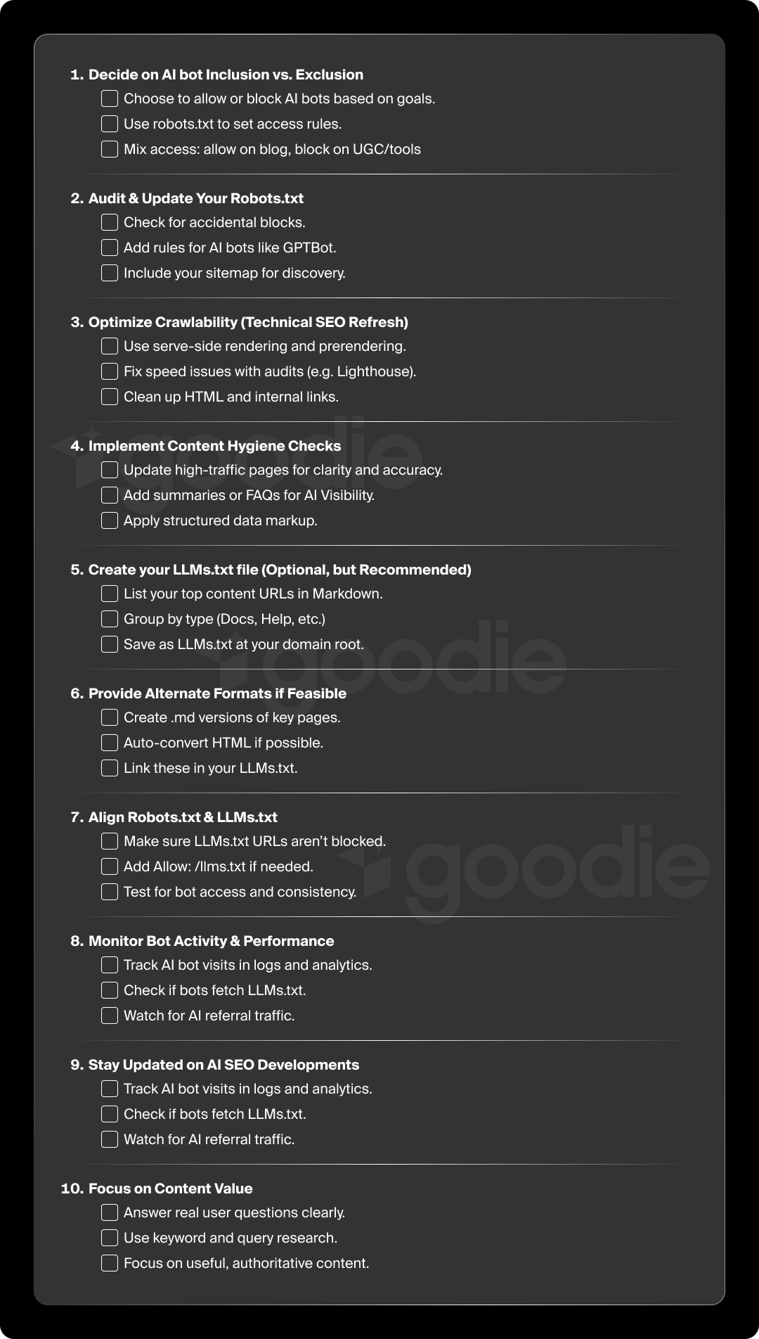 LLMs.txt optimization checklist for site managers.