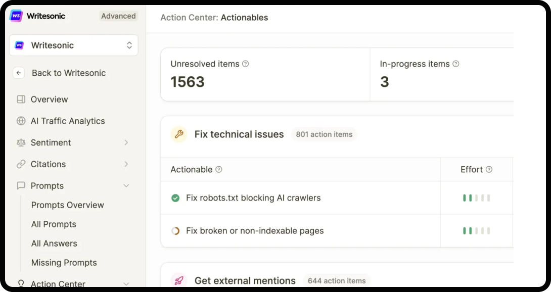 Screenshot of Writesonic's UI and dashboard.