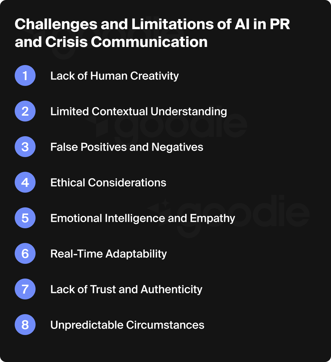 Graphic describing the challenges and limitations of AI in PR and crisis management.