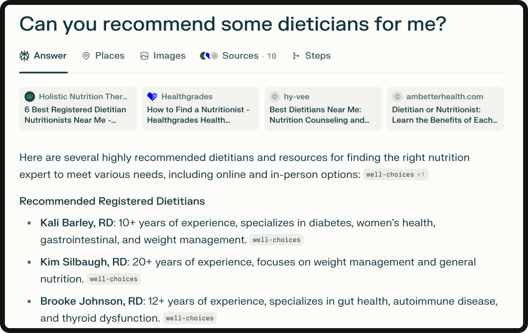Perplexity's recommendations for dietitians.