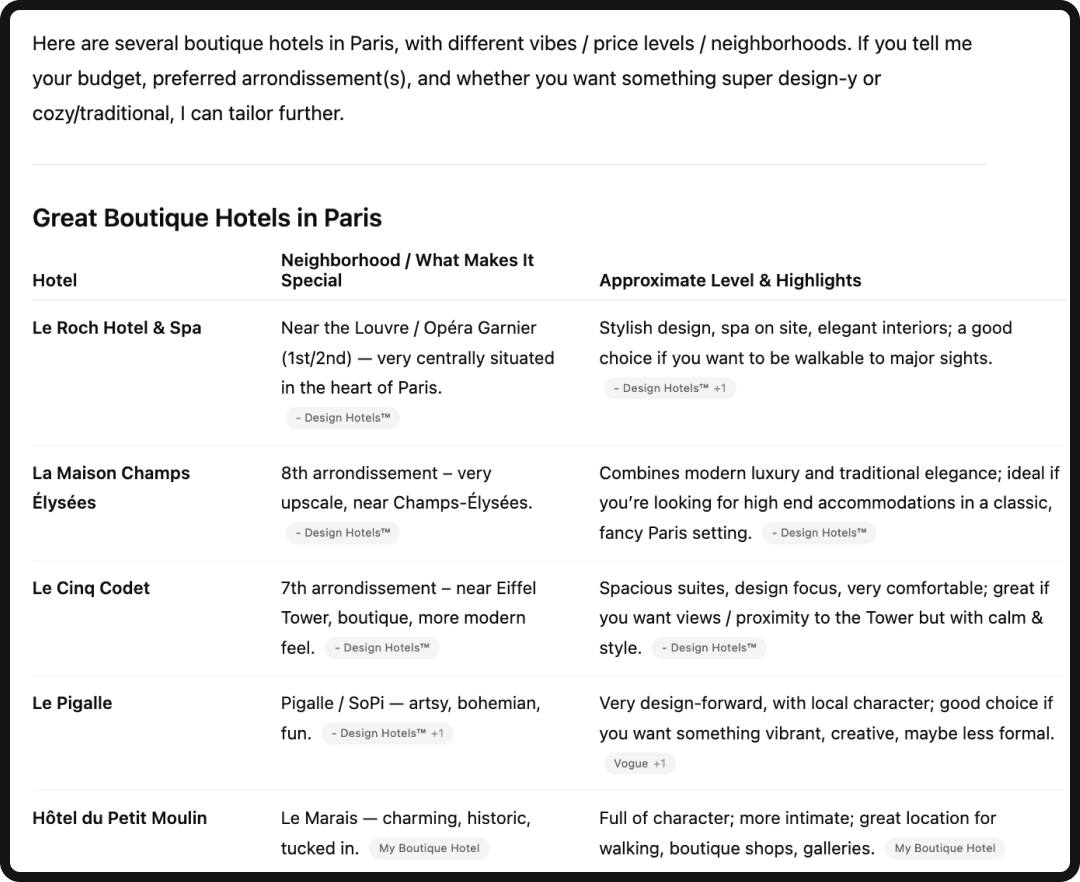 AI response to being asked for hotel recommendations in Paris.