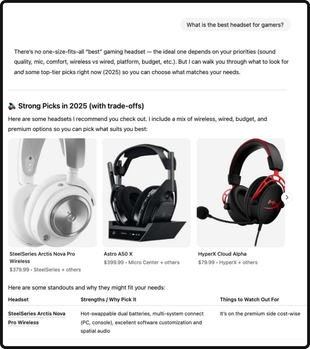 AI-generated shopping results showing top gaming headsets: Arctis Nova Pro Wireless, Astro A50 X, and HyperX Cloud Alpha.