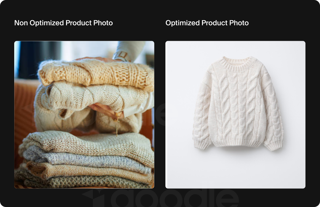 Example of a non-optimized and optimized product photo for Google AI Shopping.