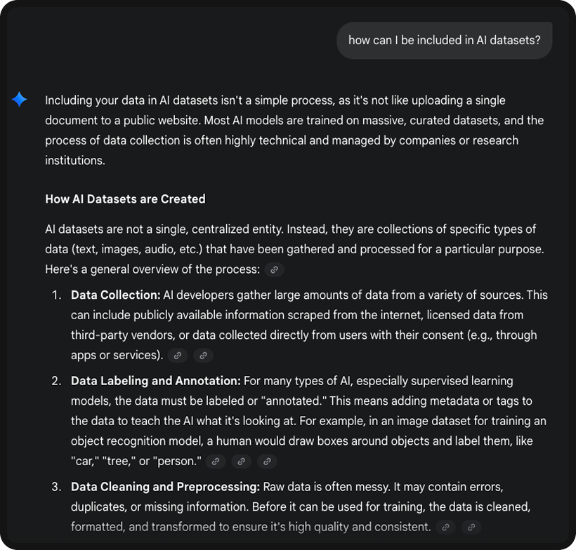Gemini conversation showing how to appear in AI datasets.