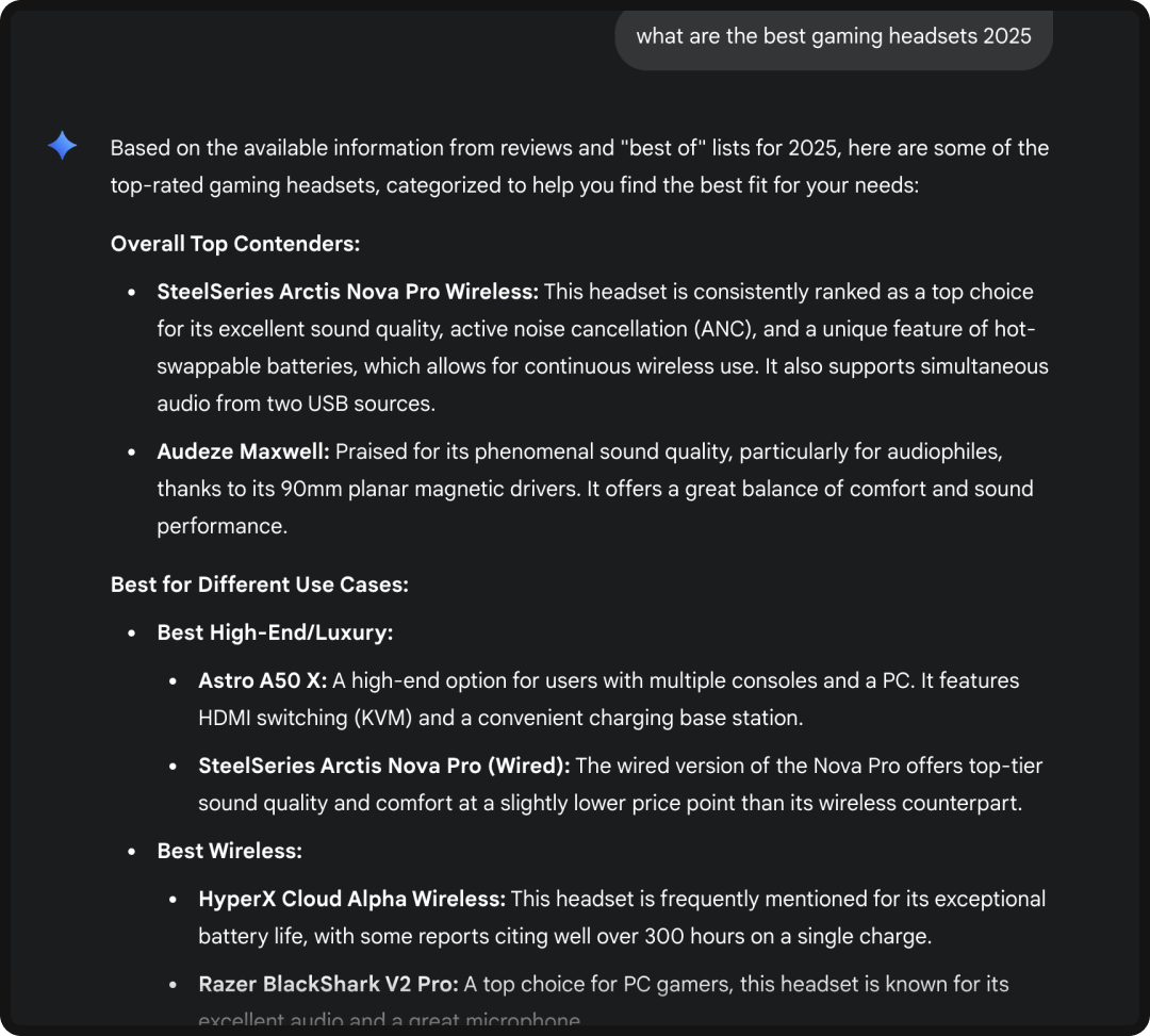 Gemini conversation with a commercial search for best gaming headsets.