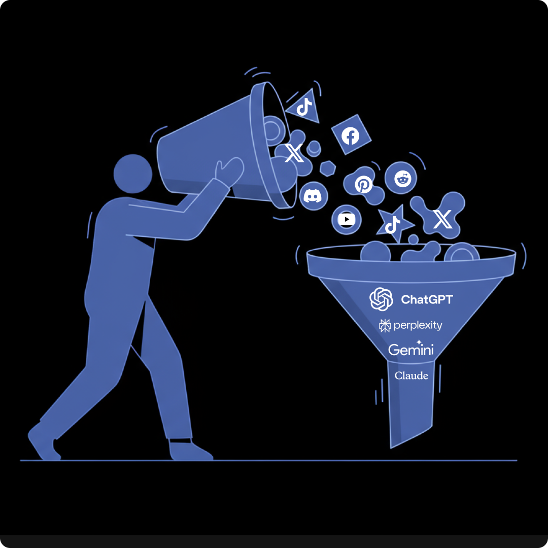 Graphic showing someone dumping social media logos into a funnel with LLM logos on it.
