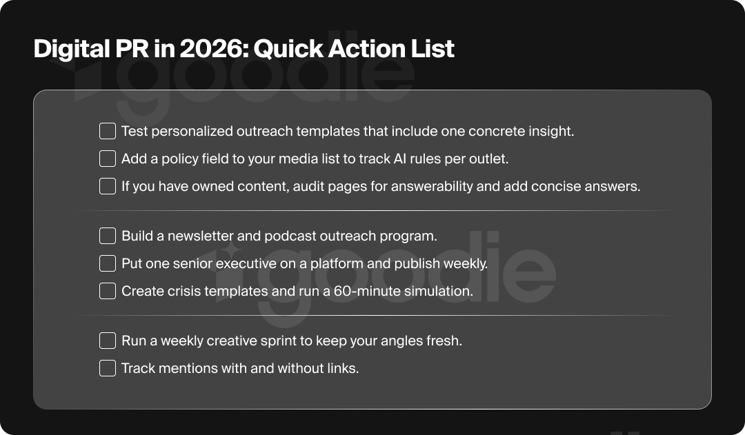Quick action list for brands wanting to undertake digital PR in 2026..