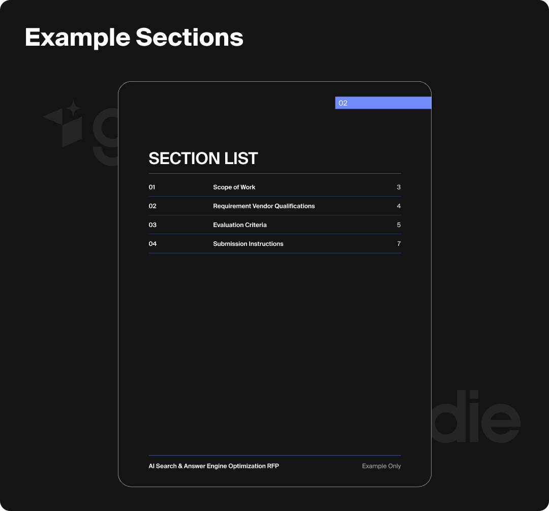 Example of sections that would go in an AI search RFP template.