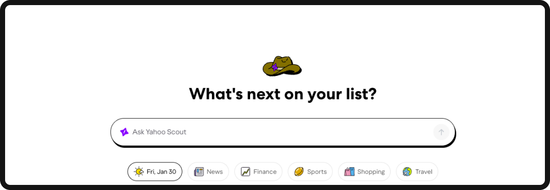 Homepage of Yahoo Scout with headline "What's next on your list?"