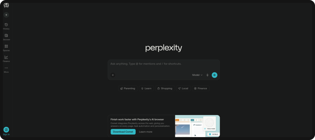 Perplexity interface, one of the leading AI search engines.
