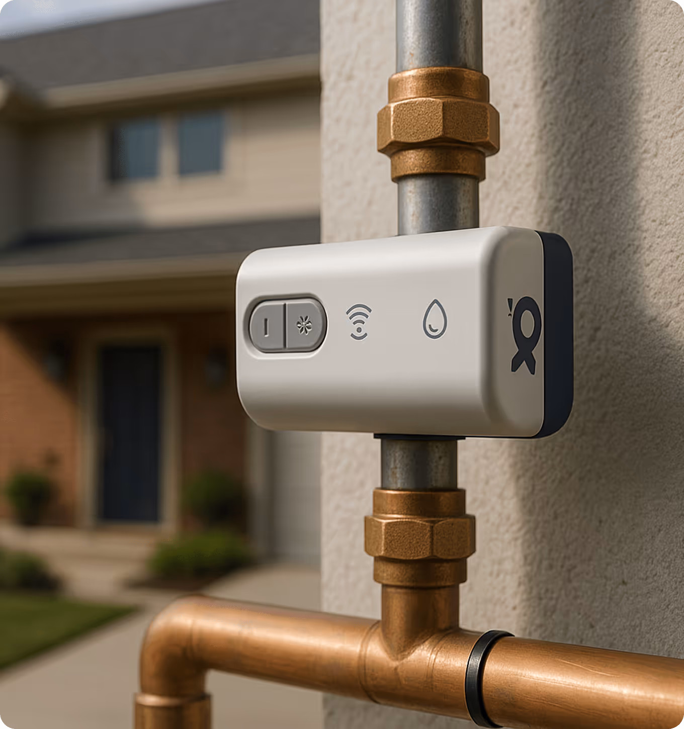 SimpleSUB ultrasonic water submeter installed on copper pipe outside residential building program for plumbers contractors energy consultants property managers and smart home vendors