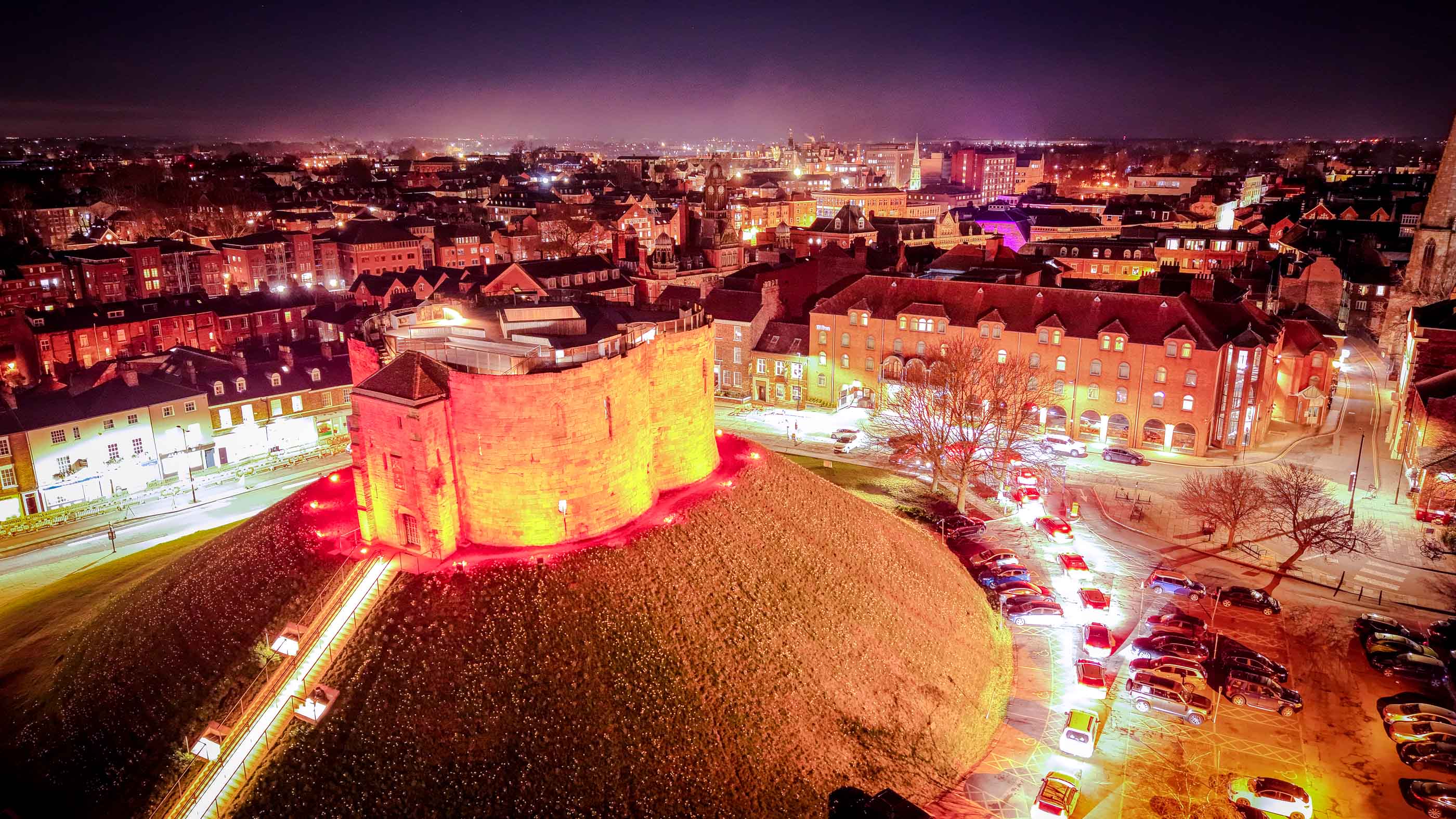 An aerial view of a city at night