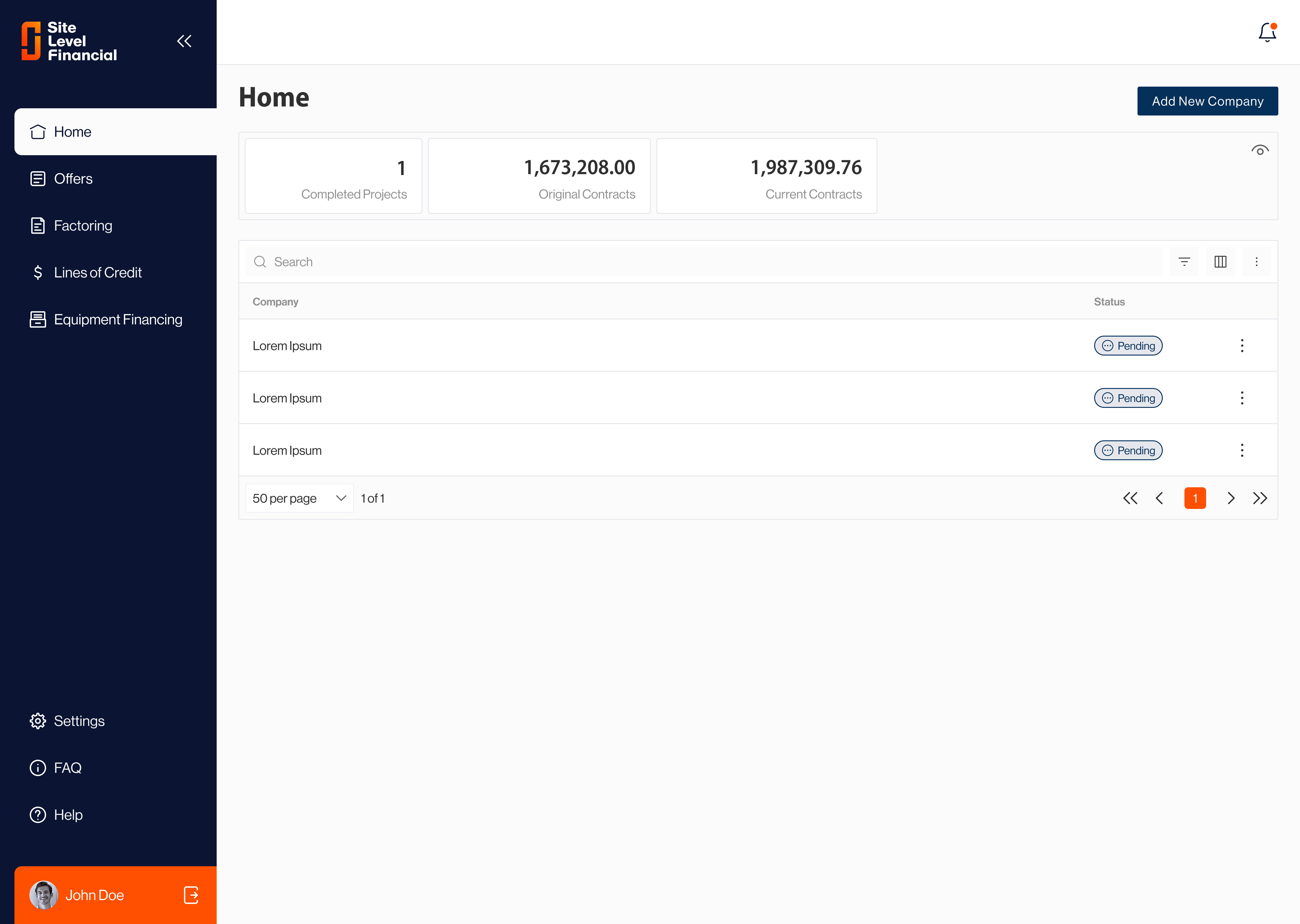 Screenshot of a 'Site Level Financial' platform dashboard focused on the 'Factoring' section.