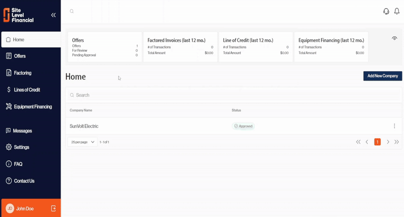 Screenshot of a 'Site Level Financial' platform dashboard focused on the 'Lines of Credit' section.