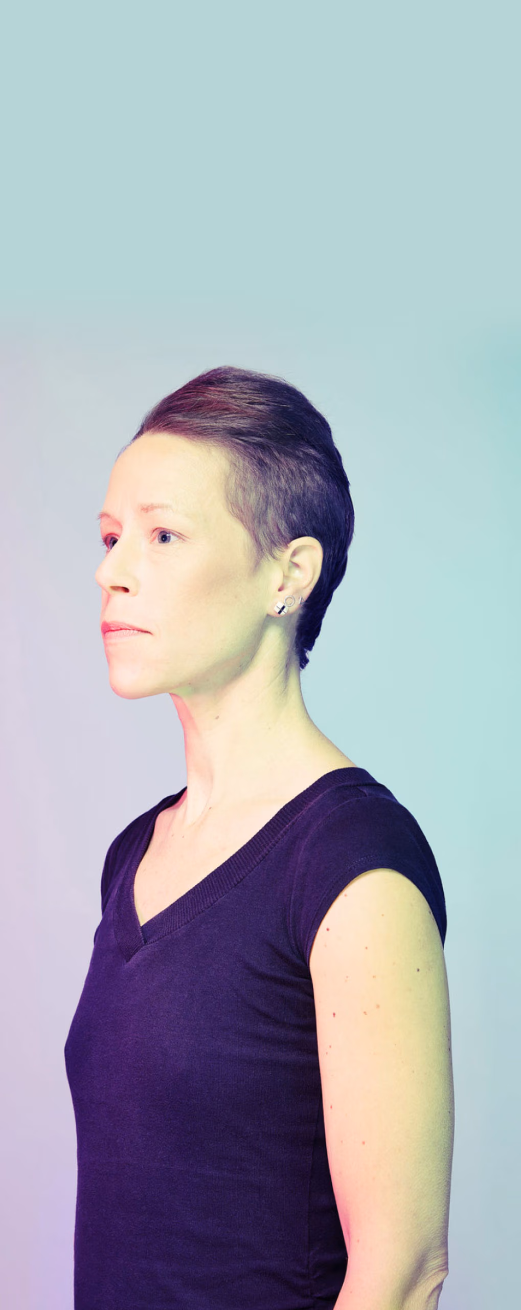 a woman with short hair