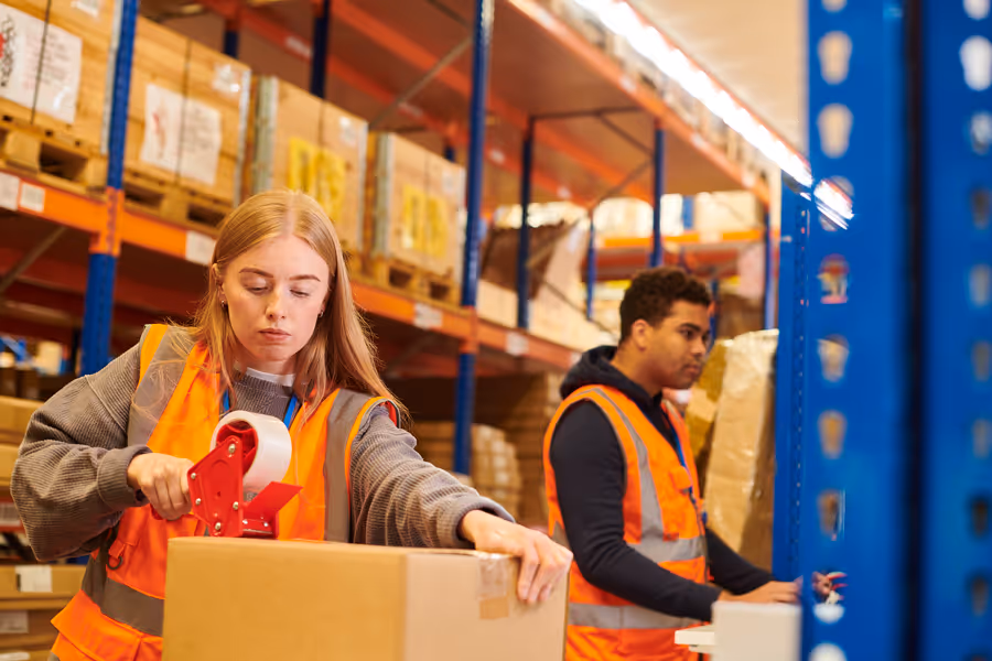 a woman in orange vests packing boxes in a warehouse