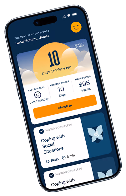 A phone screen with a checklist of 10 days of smoking cessation.