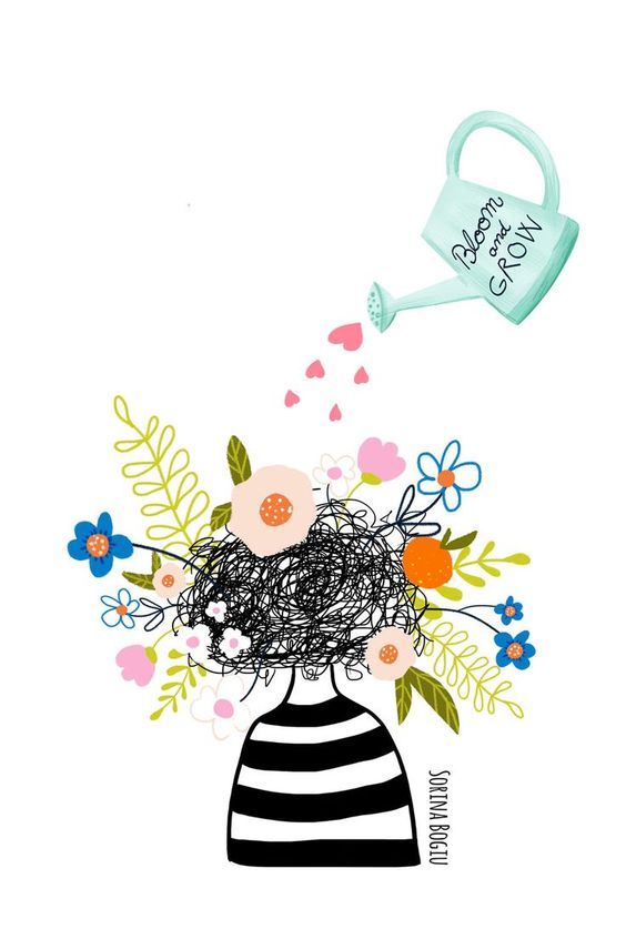 A head full of flowers getting watered illustration