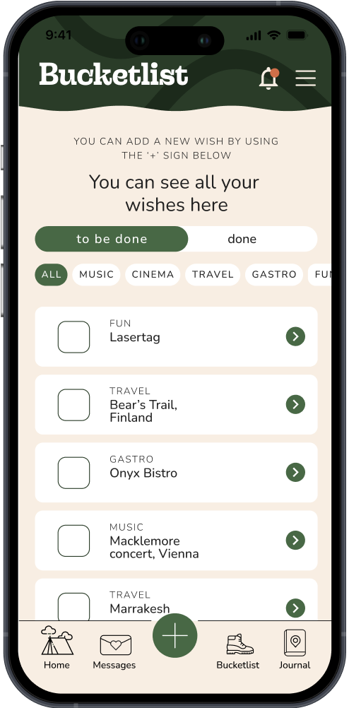 Bucketlist UI screen with wishes