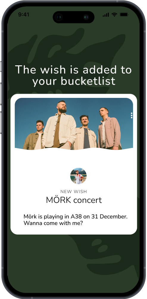 Bucketlist UI screen with wish added to list