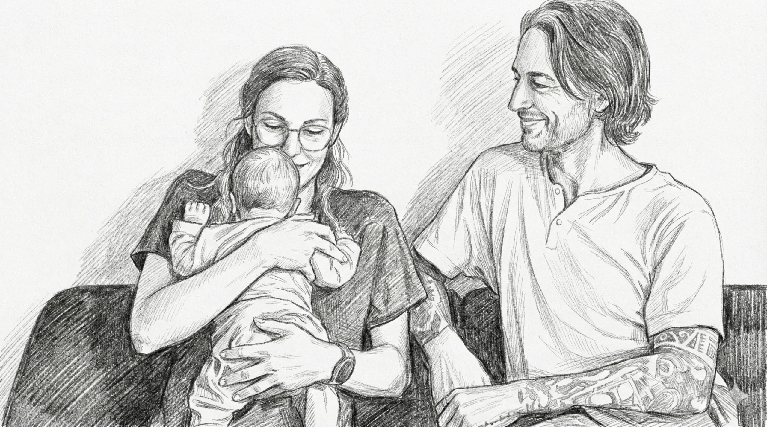 Bleistiftzeichnung von Eliane und Alex mit ihrem Baby, den Gründern von Genossenschaftsscout