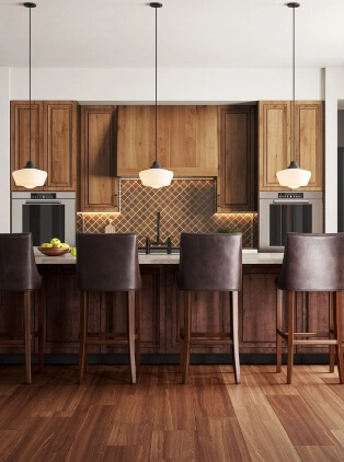 3d interior rendering, a kitchen with a center island with a bowl of fruit on it.