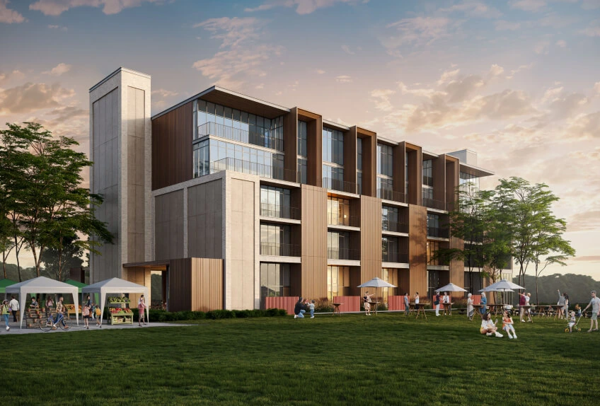 Photorealistic 3D exterior rendering of a commercial development project