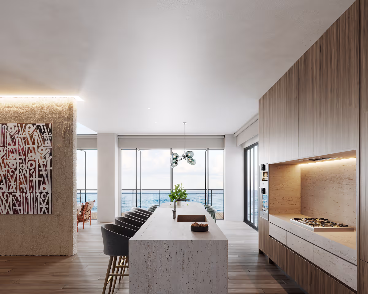 Photorealistic 3D interior design rendering of a kitchen
