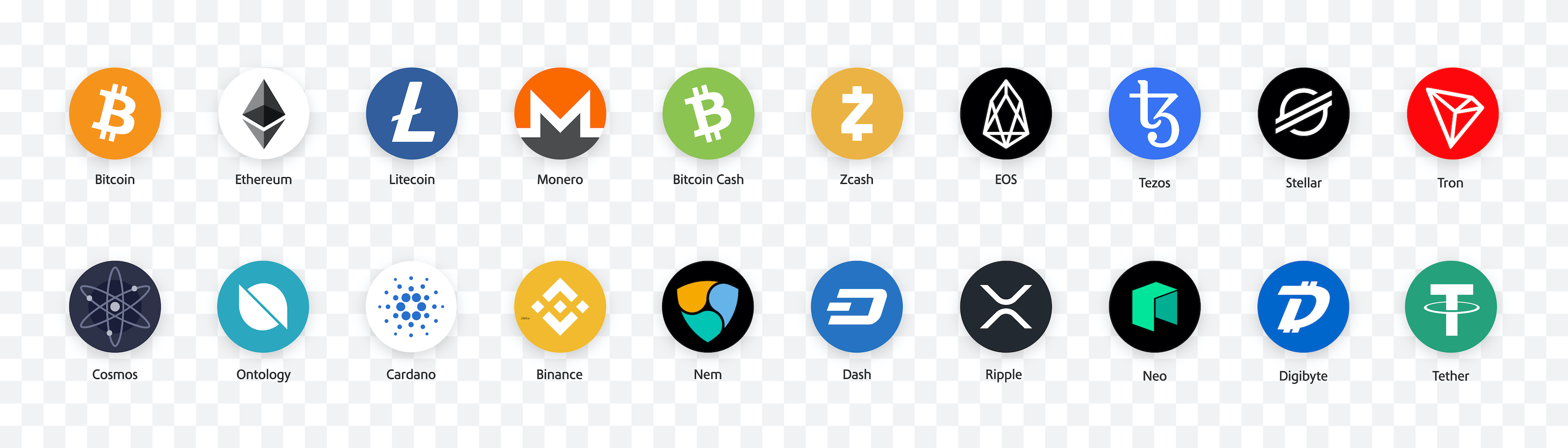 Logos for 20 different crypto currency brands, including bitcoin, ethereum, litecoin, monero, bitcoin cash, zcash, EOS, tezos, stellar, and tron.