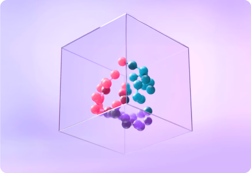 A purple background with a glass cube containing a variety of colored balls. 
