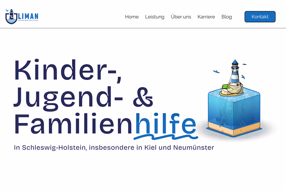 Startseite der Liman-Website mit Titel zur Kinder-, Jugend- und Familienhilfe und einer Illustration eines Leuchtturms auf einem Wasserwürfel.