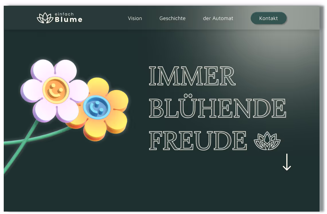 Startseite von einfach Blume mit zwei bunten Blumenillustrationen und dem Slogan „Immer blühende Freude“.