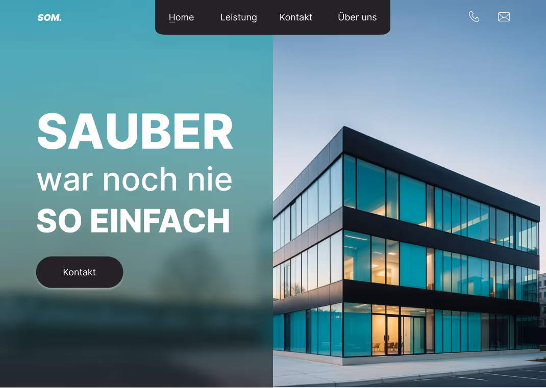 Webdesign für SOM Reinigung: moderner Website-Hero mit sauberer Glasfassade und klarer Kontakt-CTA – umgesetzt von secondlayer.