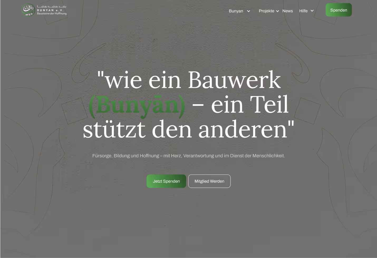 Moderne Startseite der Wohltätigkeitsorganisation Bunyān e. V. – umgesetzt als Webdesign-Projekt von secondlayer.