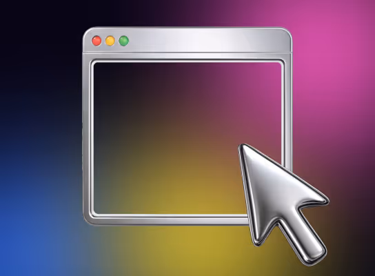 Ein Browserfenster im Metallic-Look mit einem großen silbernen 3D-Cursor-Symbol, das auf das Fenster zeigt.