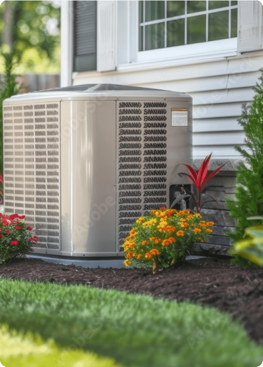 Outdoor HVAC unit next to a house surrounded by mulch, colorful flowers, and green plants.