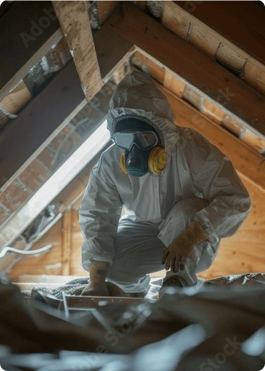 Person in protective suit and respirator inspecting an attic space with wooden beams.