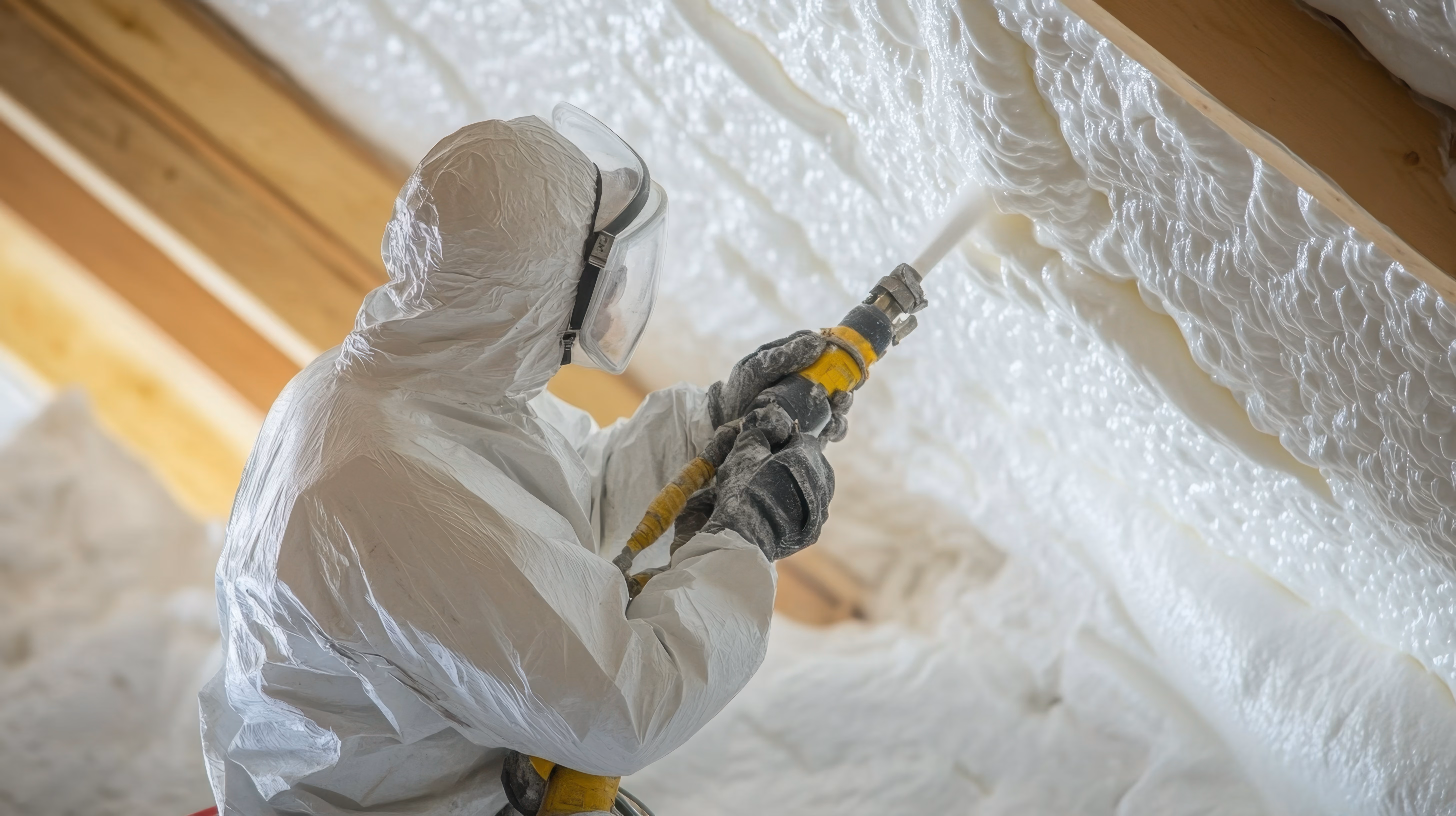 Technician in protective suit spraying foam insulation onto ceiling rafters.