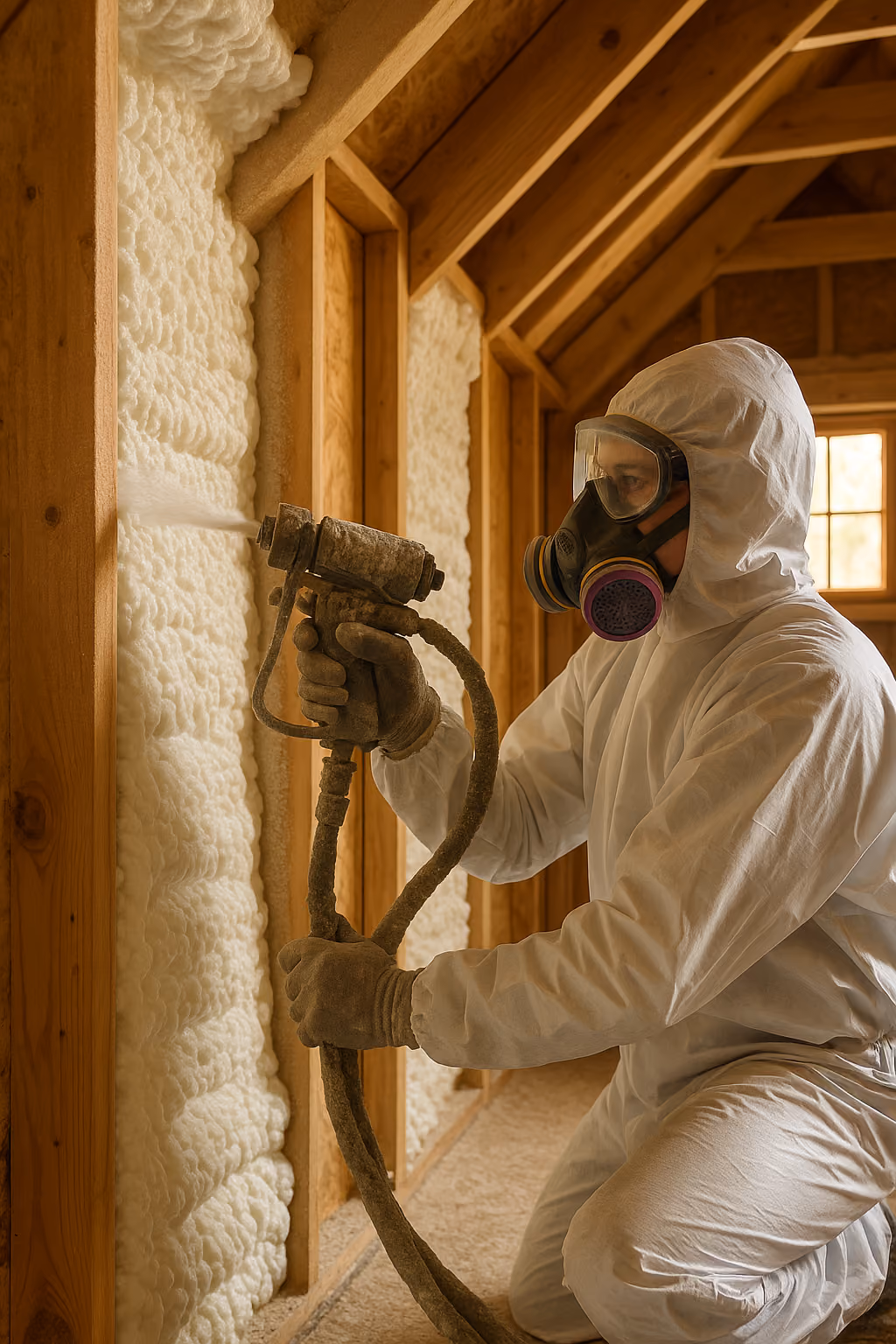 Worker in full protective gear spraying foam insulation onto attic wall studs.