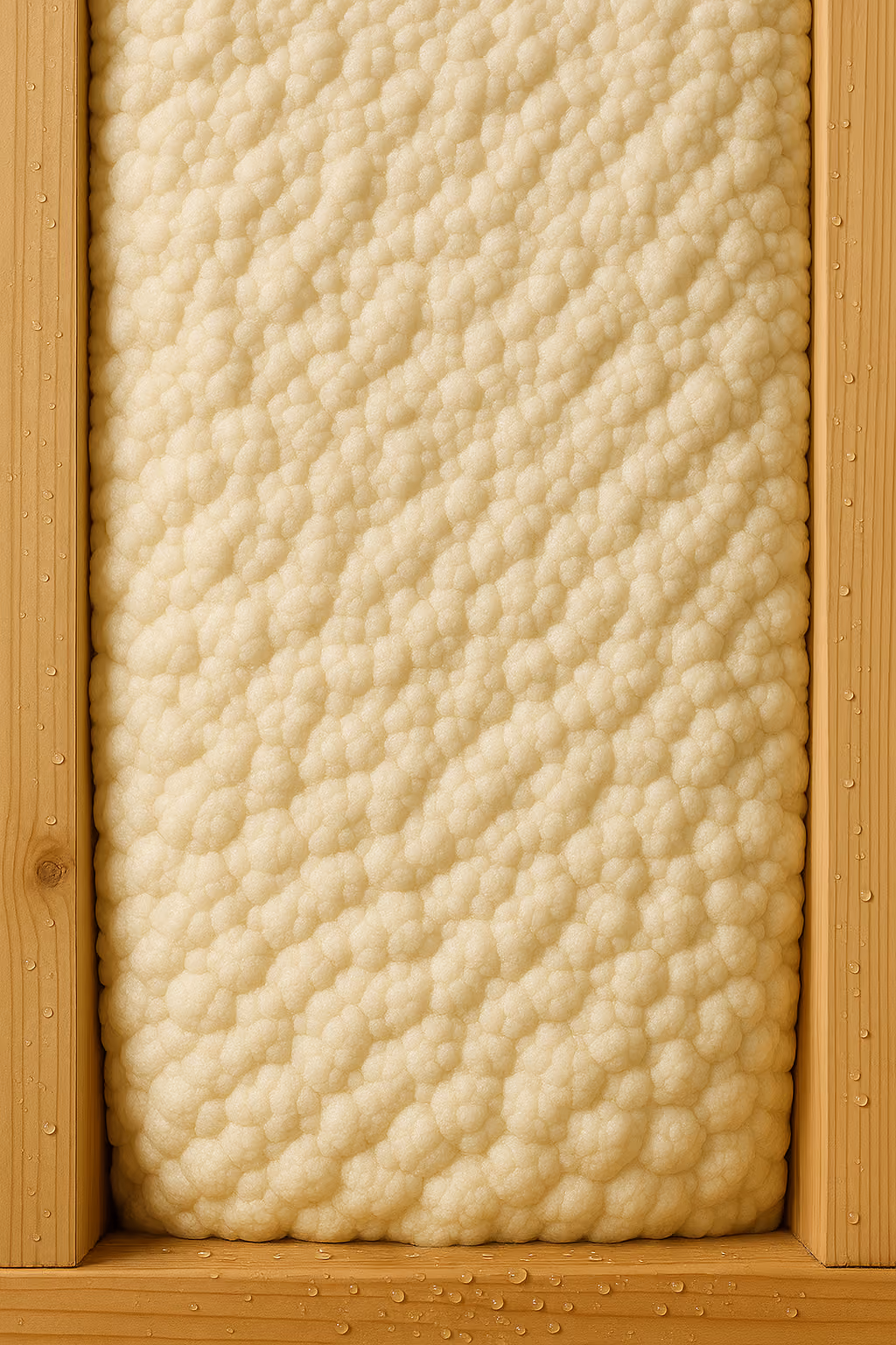 Close-up of cured spray foam insulation between wall studs with visible moisture droplets.
