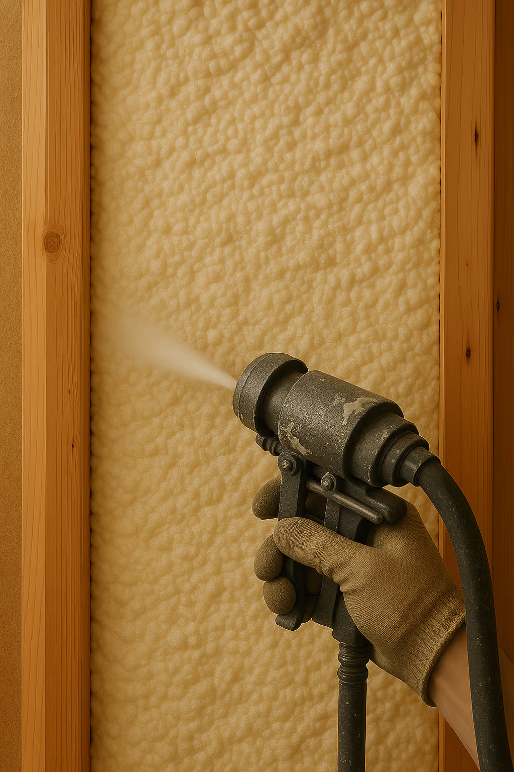 Close-up of gloved hand spraying foam insulation between wall studs.