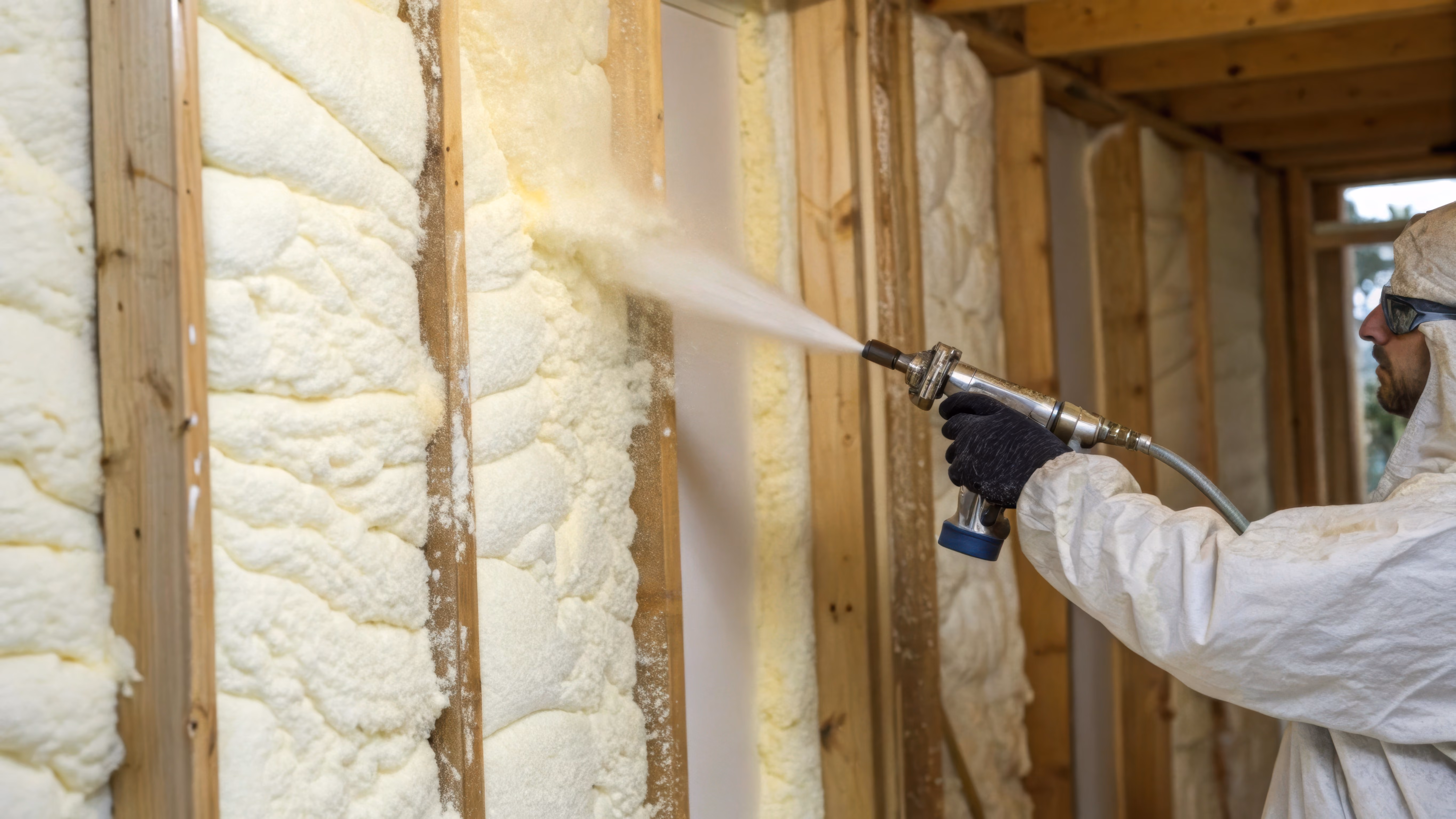 Technician in protective suit spraying foam insulation onto open wall studs for energy efficiency.